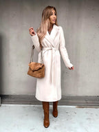 Solid Color Lapel Long Sleeve Woolen Simple Tie Coats