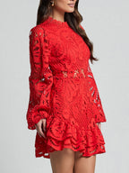 Lantern-style Long-sleeved, Fitted A-line Dress With Ruffled Hem And Water-soluble Lace.