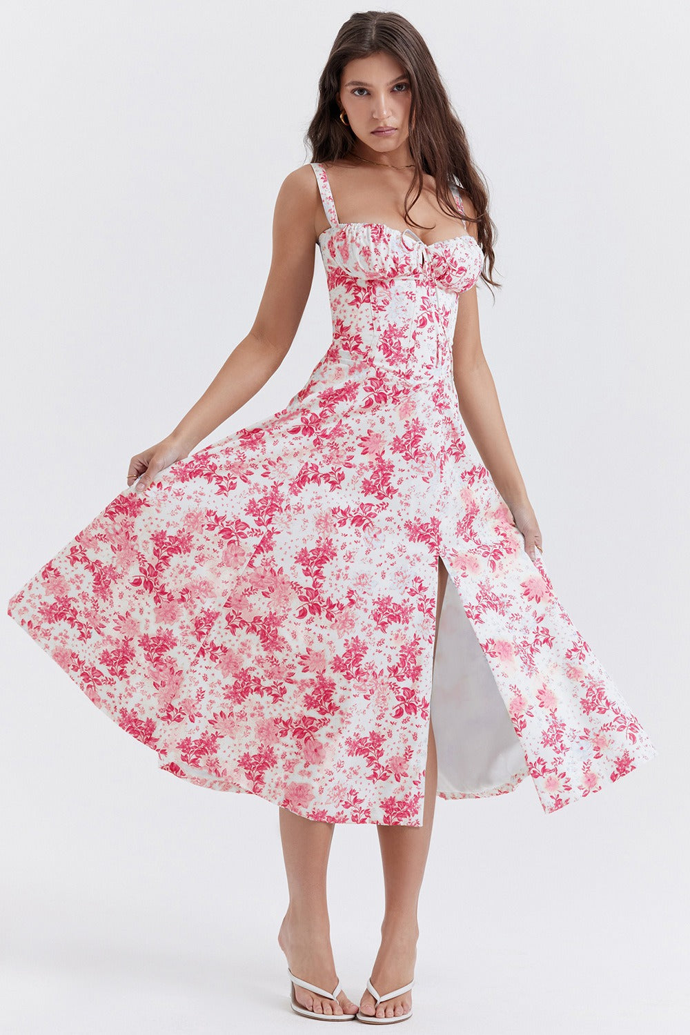 Floral Print Sweetheart Corset Bodice Wide Strap Fit and Flare Midi Dress