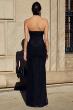 Strapless Sweetheart Lurex Ruched Sunburst Knot Hip Mermaid Maxi Gown