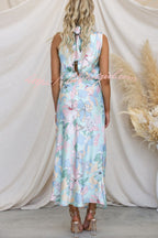 Floral Print Halter Neck Cowl Draped Elastic Waist Blouson Midi Dress