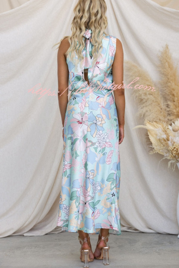 Floral Print Halter Neck Cowl Draped Elastic Waist Blouson Midi Dress