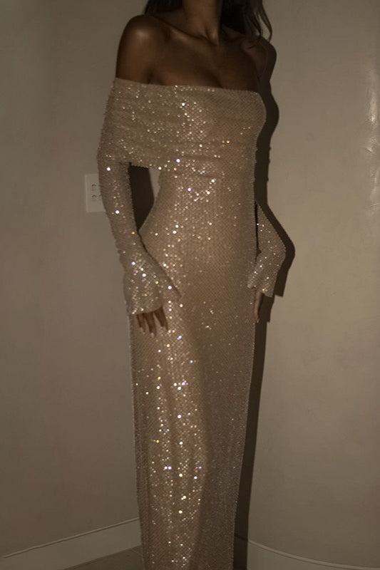 Rhinestone Off Shoulder Long Sleeve Bodycon Midi Dress