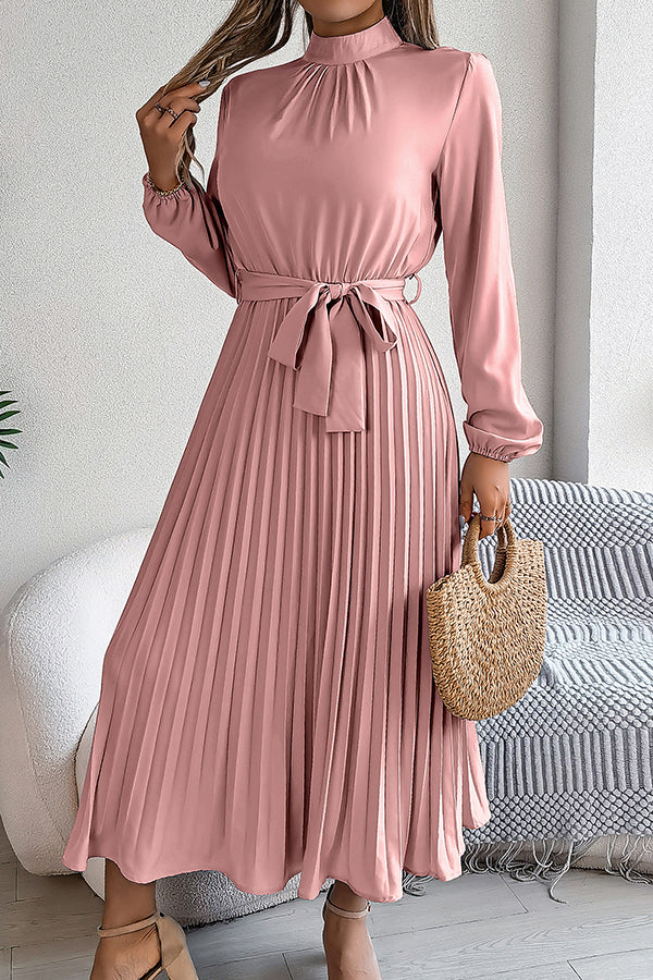 Mock Neck Lantern Sleeve Belted Pleated A-Line Midi Dress