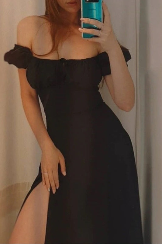 Off Shoulder Puff Sleeve Corset Tie Front High Split Maxi Dress