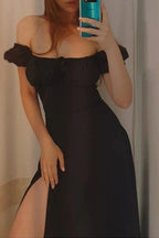 Off Shoulder Puff Sleeve Corset Tie Front High Split Maxi Dress