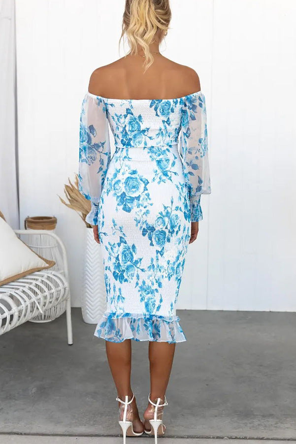 Off Shoulder Smocked Floral Print Sheer Balloon Sleeve Ruffle Hem Midi Dress