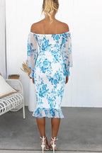 Off Shoulder Smocked Floral Print Sheer Balloon Sleeve Ruffle Hem Midi Dress