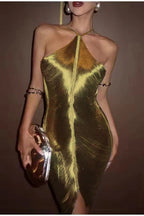 Fringe Halter Neck High Neck Bodycon Mini Dress