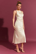 Satin Boat Neck Side Ruched Waist Bodycon Midi Dress