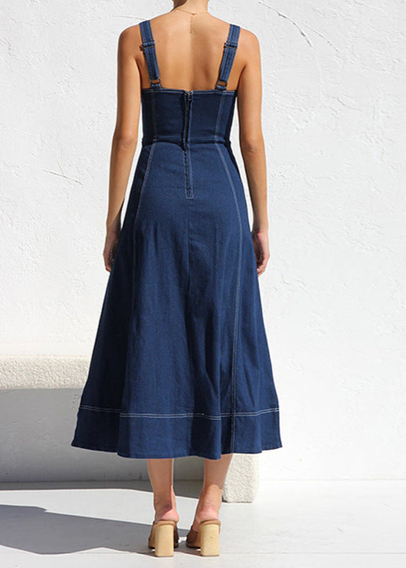 Denim Square Neck Button Front Patch Pocket Midi Dress