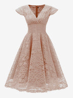 Vintage 1950s Midi Lace Dress for Women - V Neck Cap Sleeve A-line Cocktail Prom Gown - Wedding Guest Wear 2026