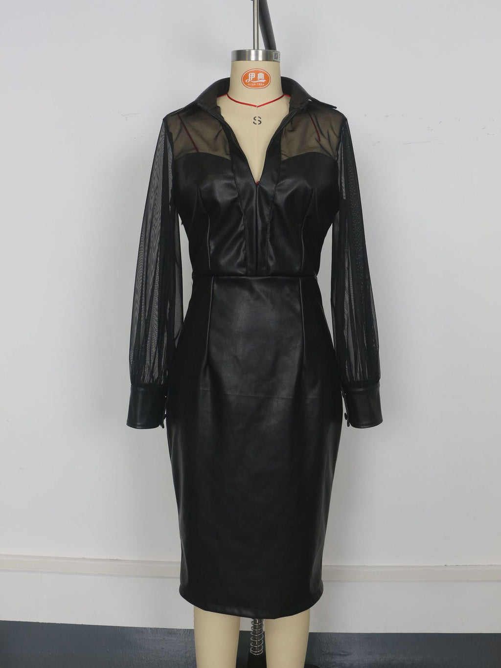 Mesh Patchwork V-Neck Faux Leather Slim Fit Puff Sleeve Midi Dress In Black For Women 2026