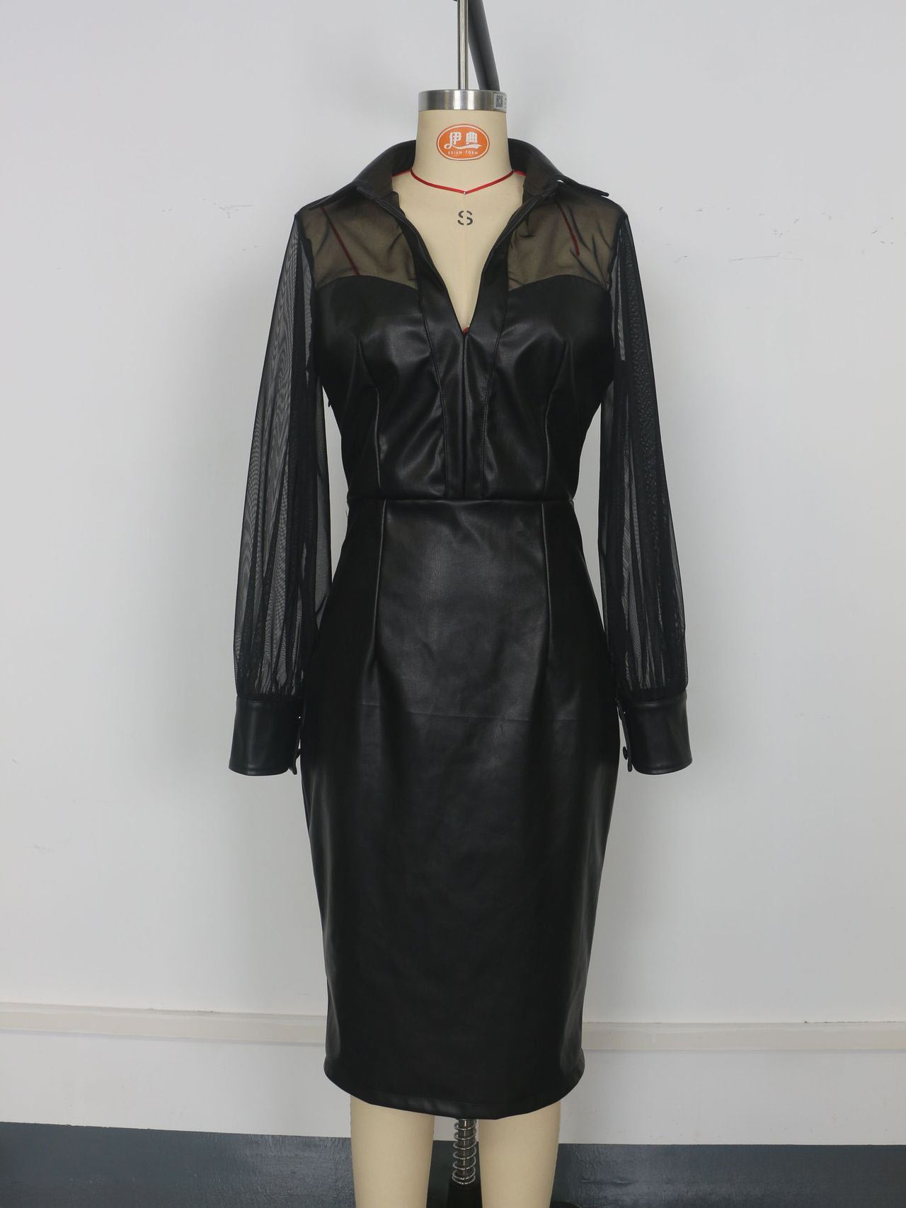 Mesh Patchwork V-Neck Faux Leather Slim Fit Puff Sleeve Midi Dress In Black For Women 2026