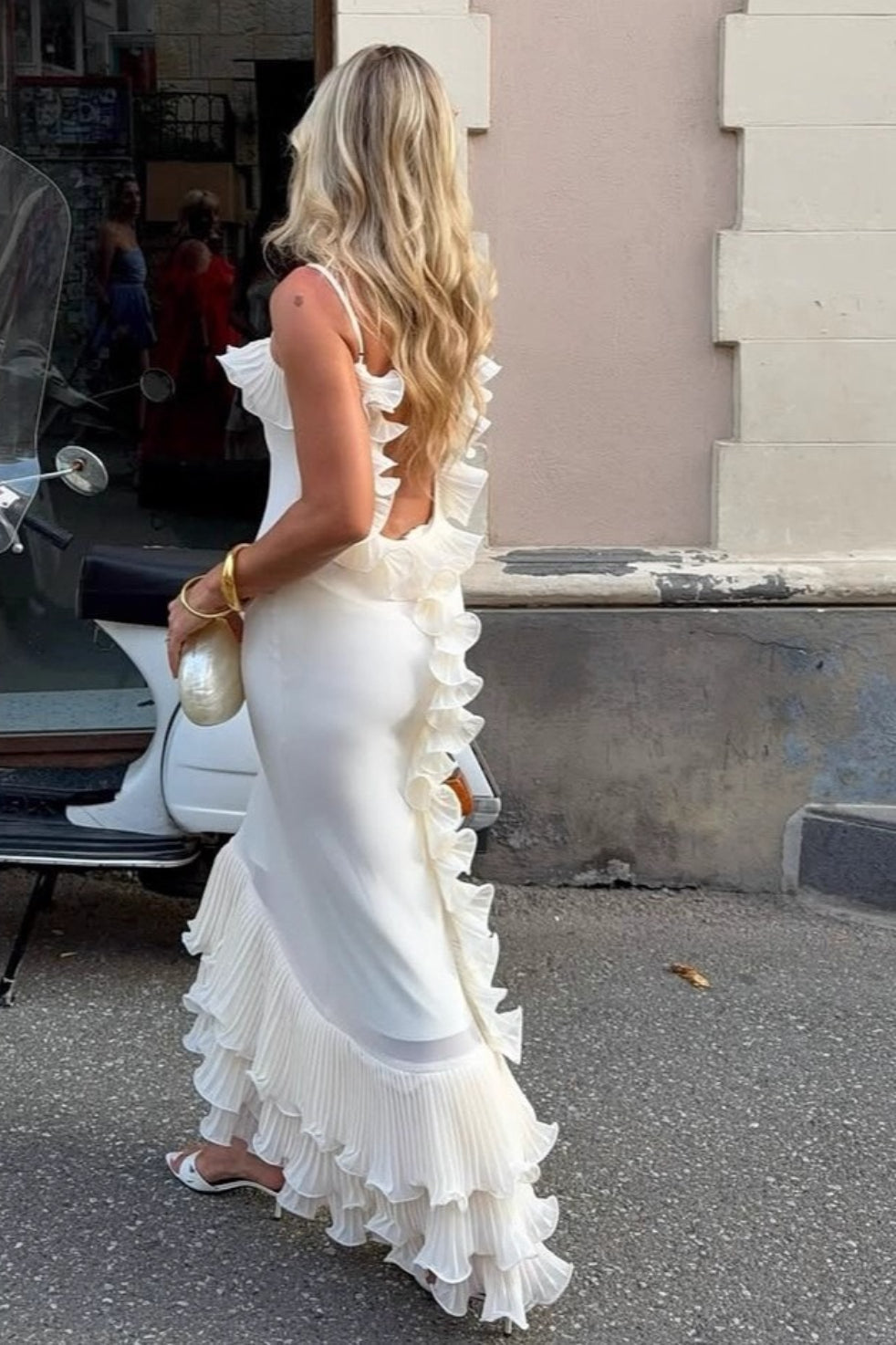 Spaghetti Strap Accordion Pleat Ruffle Neckline Tiered Pleated Hem Maxi Dress