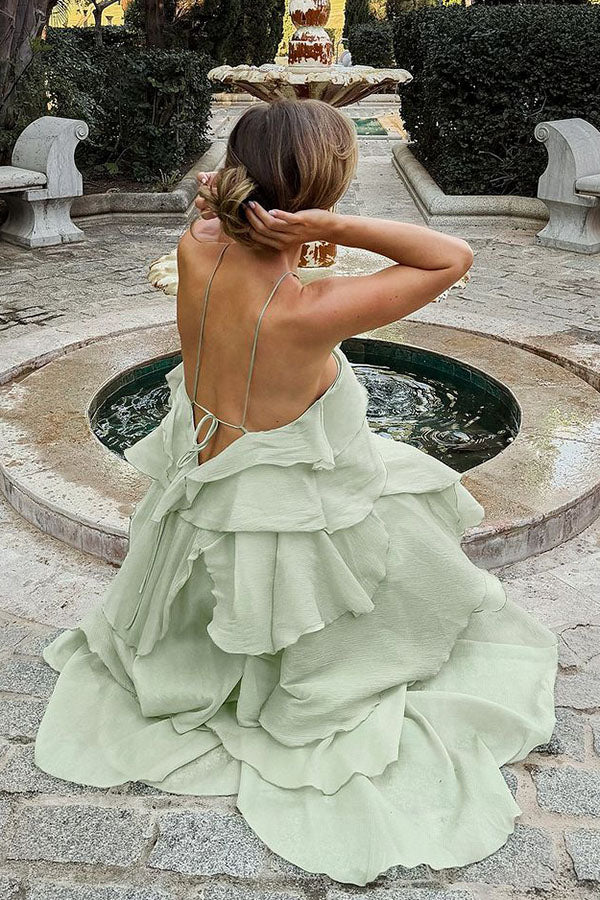 Romantic Summer Chiffon Tiered Ruffle Deep V-Back Halter A-line Maxi Design