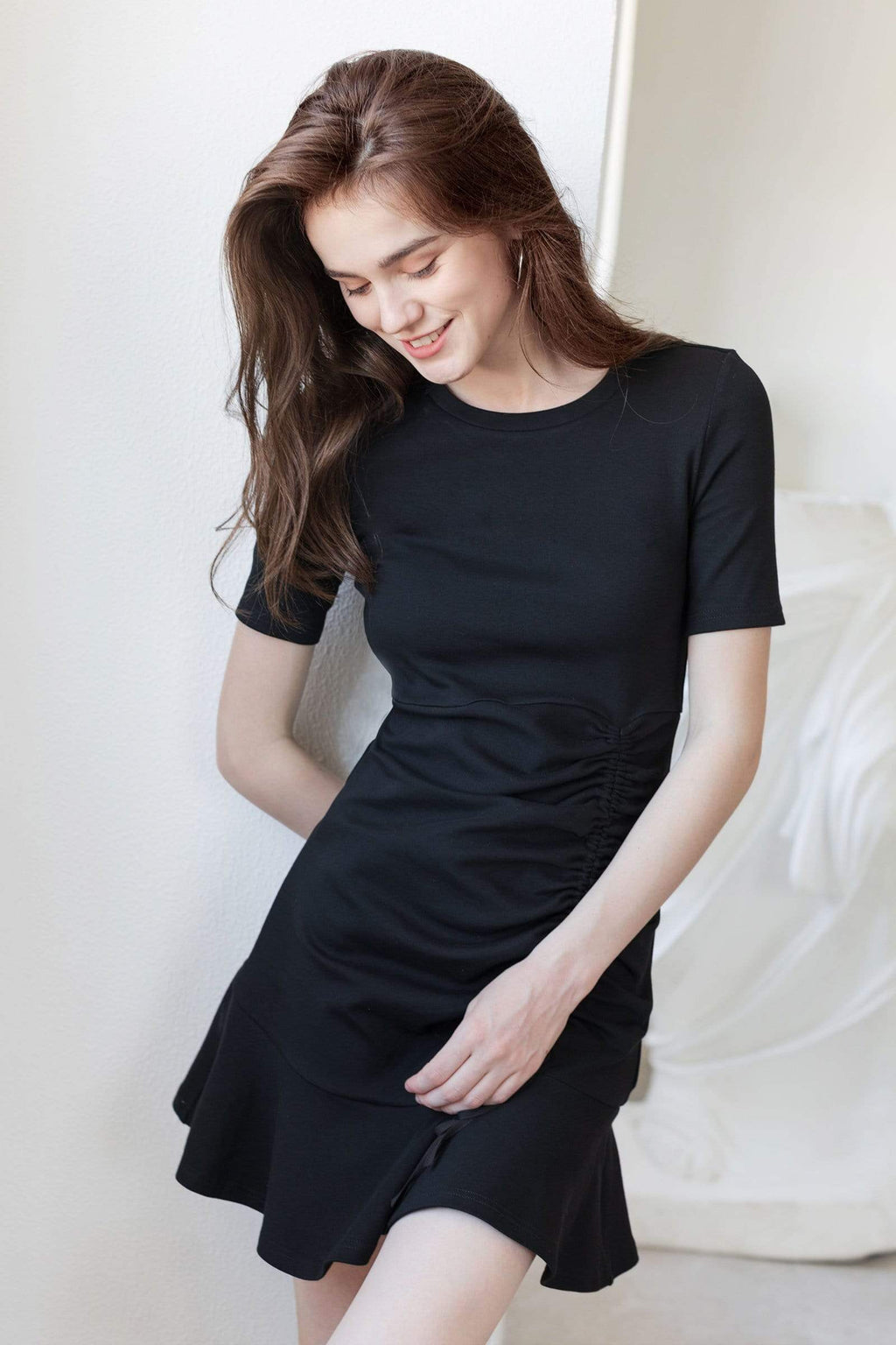 Short Sleeve Round Neck Side Ruched Drawstring Flounce Hem Mini Dress