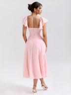 Floral Jacquard Soft Pink Dress With Butterfly Sleeve A-line Midi Party Dress For Women 2026