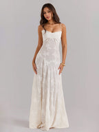 Boho Jacquard Sheer Maxi Dress for Women - Cream White Lace-up Back Slim Fit A-Line Flowy Cami Gown - Summer Beach Party 2026
