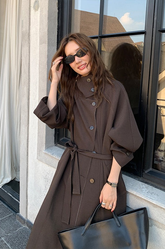 THE MIND British Style Contrast-Collar Long Overcoat
