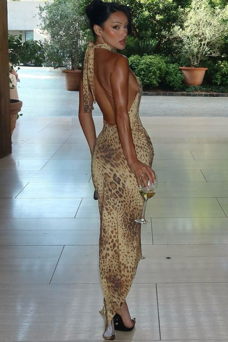 Khaki Halter Neck Print Ruched Bodycon Midi Dress