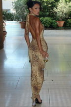 Khaki Halter Neck Print Ruched Bodycon Midi Dress