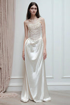 French Strapless Satin Pearl Prom Dress