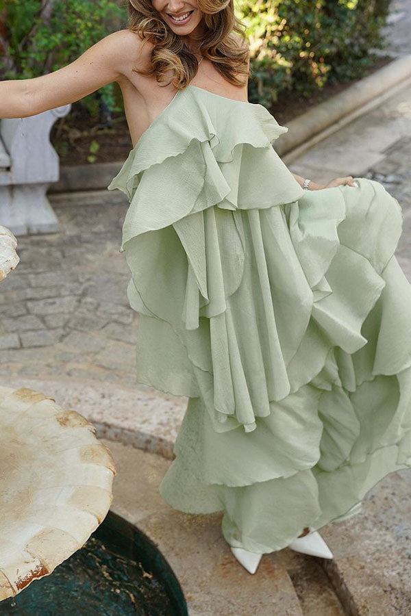 Romantic Summer Chiffon Tiered Ruffle Deep V-Back Halter A-line Maxi Design
