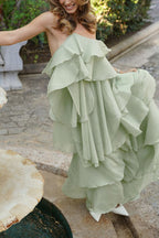 Romantic Summer Chiffon Tiered Ruffle Deep V-Back Halter A-line Maxi Design