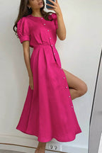 Puff Sleeve Pearl Button Front Satin Side Slit Midi Dress