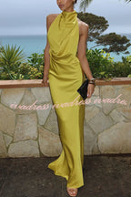 Elegant and Refined Satin Halter Draped Neck Backless Maxi Dress