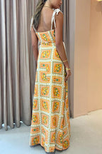 Lemon Print Square Neck Rope Tie Side Cut Out Maxi Dress