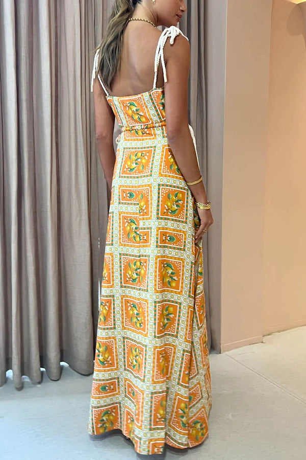 Lemon Print Square Neck Rope Tie Side Cut Out Maxi Dress
