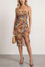 Unique Print Square Neck Spaghetti Strap Pleated Slim Fit Midi Dress