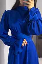 Mock Neck Bishop Sleeve Ruched Waist Satin Maxi Dress