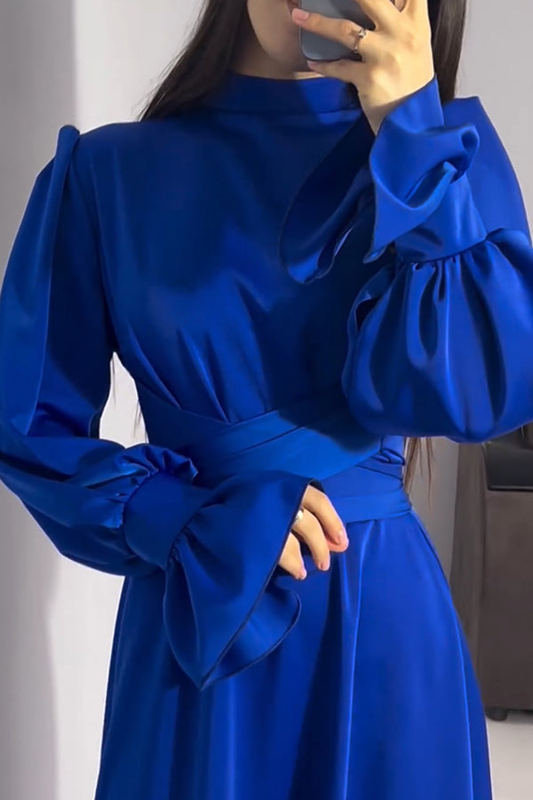Mock Neck Bishop Sleeve Ruched Waist Satin Maxi Dress