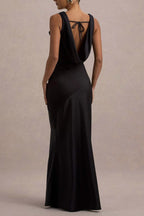 Satin Cowl Neck Sleeveless Column Seam Maxi Gown
