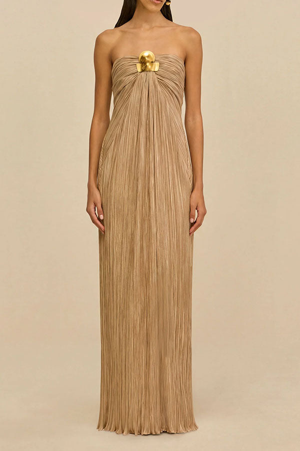 Golden Hour Metallic Pleated Strapless Maxi Dress