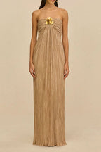 Golden Hour Metallic Pleated Strapless Maxi Dress