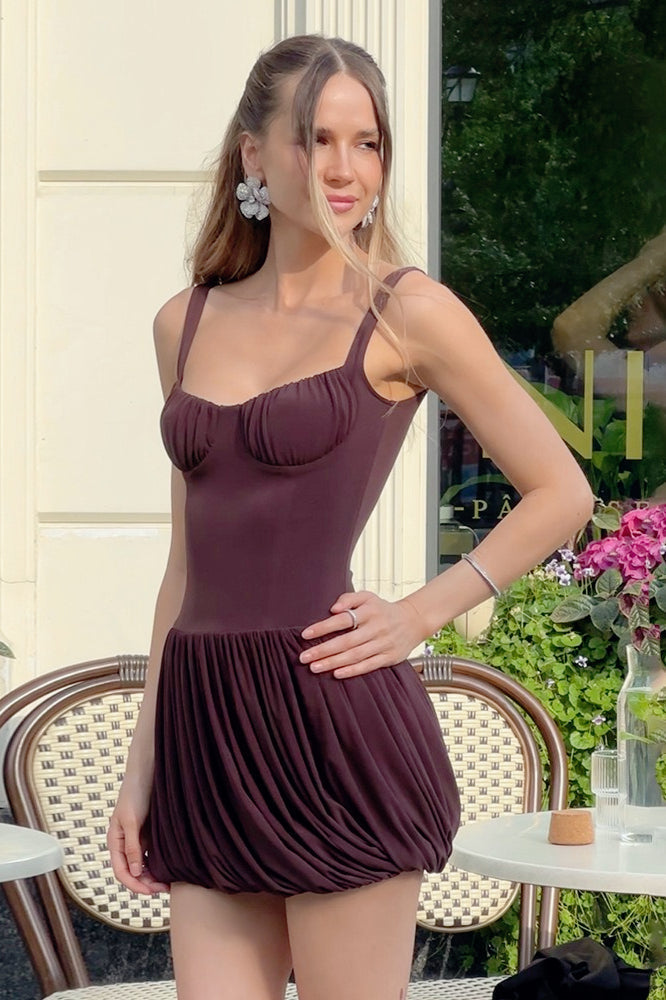 Ruched Bustier Wide Strap Bubble Hem Pleated Mini Dress
