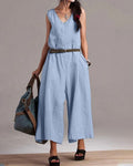 Women's Sleeveless V-Neck Cotton Linen Jumpsuit