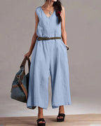 Women's Sleeveless V-Neck Cotton Linen Jumpsuit