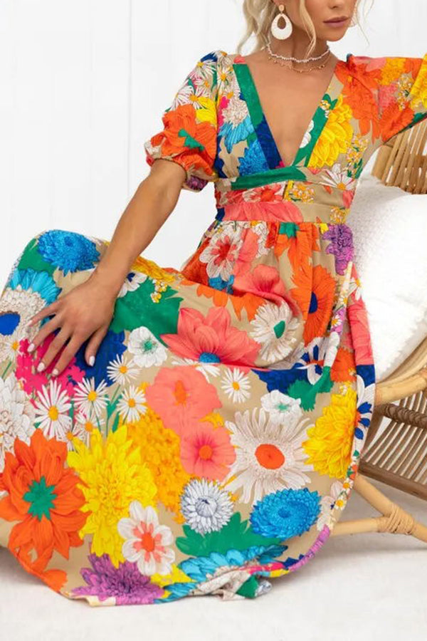 Floral Print Deep V-Neck Puff Sleeve High Waist A-Line Maxi Dress