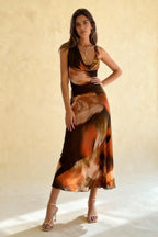 Abstract Print Cowl Neck Spaghetti Strap Pleated Midi Dress
