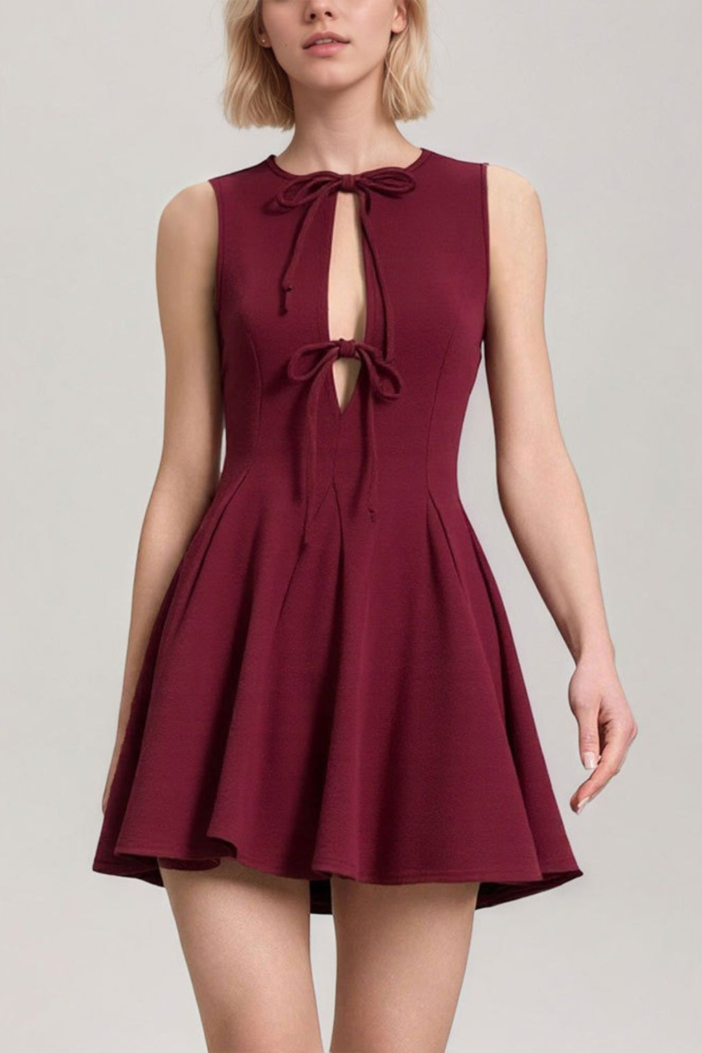Bow Tie Keyhole Neck Fit and Flare Sleeveless Mini Dress