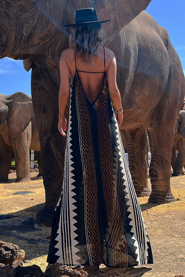 Geometric Tribal Print Square Neck Spaghetti Strap Maxi Dress