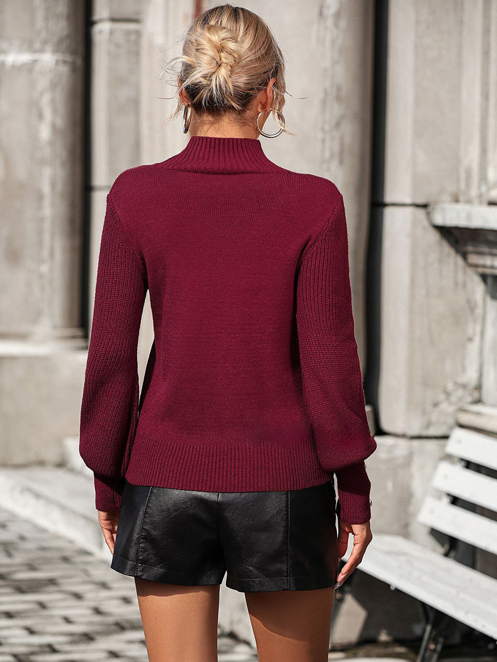 Burgundy Sweater High Collar Long Sleeves Ribbed Cuff Buttons Sweater