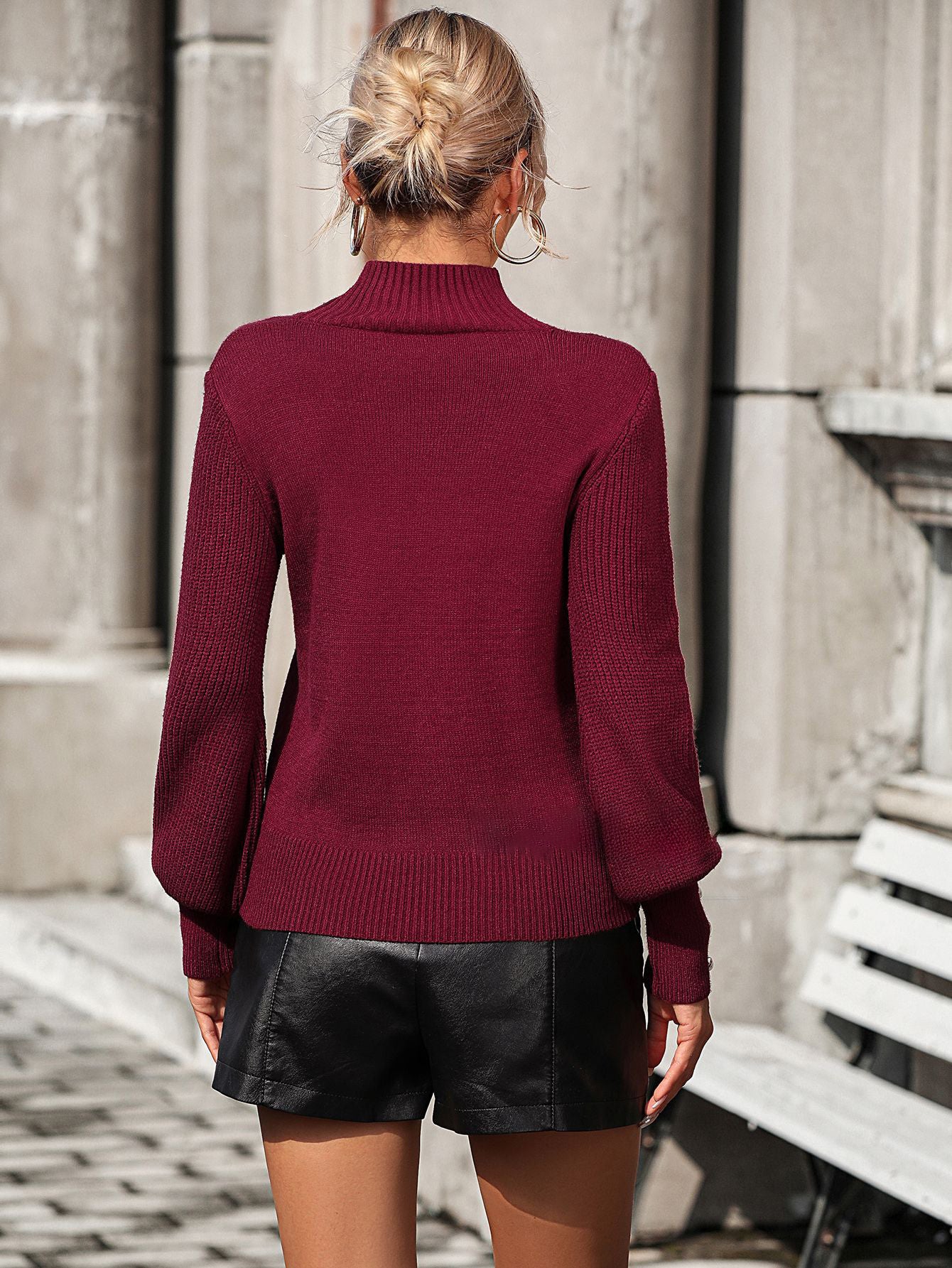 Burgundy Sweater High Collar Long Sleeves Ribbed Cuff Buttons Sweater