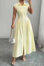 Beige Collared Sleeveless Pinstripe Cinched Waist Slit Maxi Shirt Dress