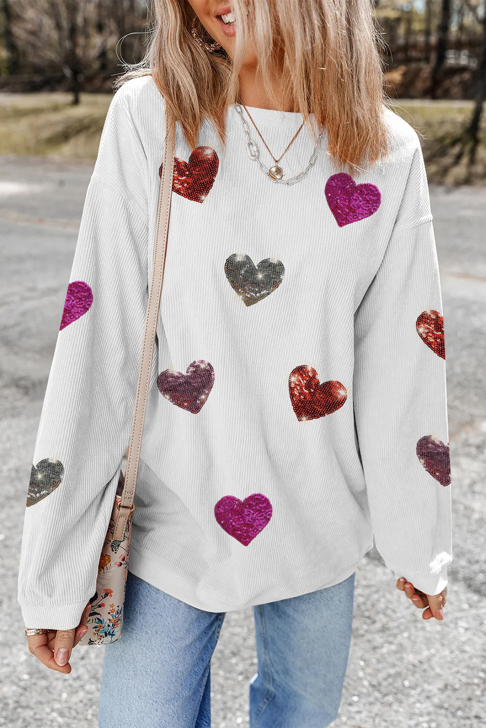 Blue Zone Planet | Valentine__ Day Sequin Heart Round Neck Long Sleeve Sweatshirt